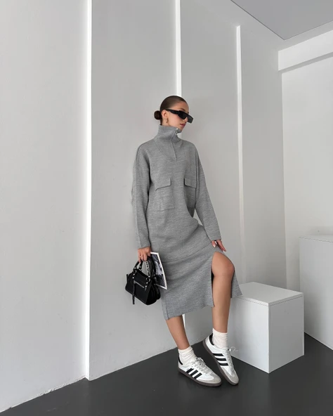 Önü Fermuarlı Kazak Ve Yırtmaç Detaylı Etek Alt Üst Triko Takım - 3