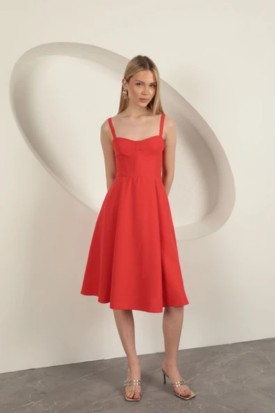 Askılı Midi Elbise-Kırmızı - 3