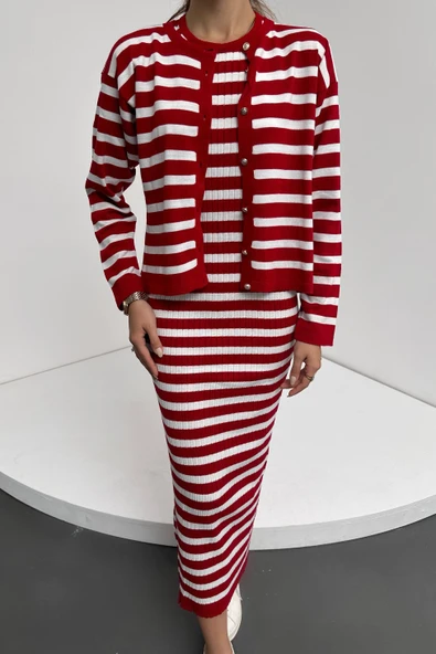 Çizgi Desenli Hırka Ve Elbise İkili Triko Takım - Resim 2