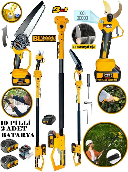 Waltmann Alman WX36  Teleskopik + 55 MM Dijital Budama Makası +Otomatik Yağ Pompalı Zincirli Testere 2 Akülü