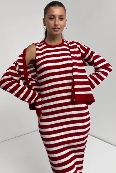 Çizgi Desenli Hırka Ve Elbise İkili Triko Takım - Resim 4