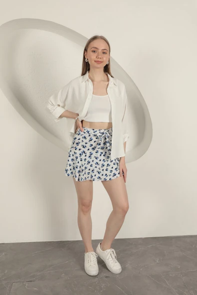 Bürümcük Çiçek Desen Şort Etek-Saks - 5