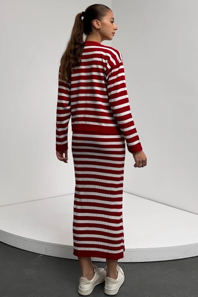 Çizgi Desenli Hırka Ve Elbise İkili Triko Takım - Resim 5