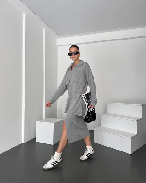 Önü Fermuarlı Kazak Ve Yırtmaç Detaylı Etek Alt Üst Triko Takım