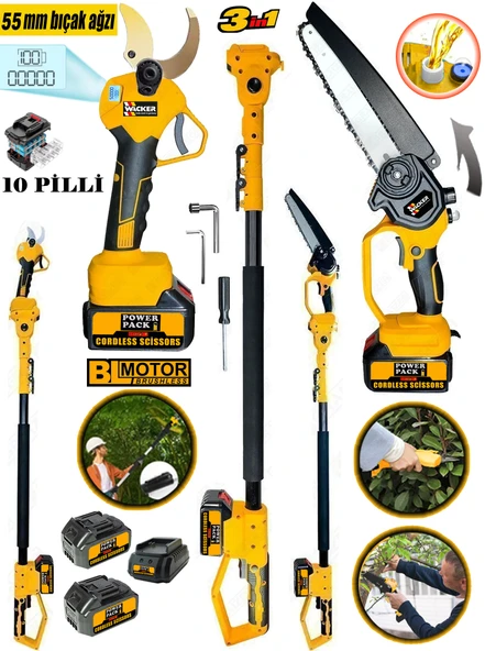Wacker Pro W-4080 Dijital Budama Makası 55 MM + Otomatik Yağ Pompalı Zincirli Testere 3.2 Mt Teleskopik 2 Akülü