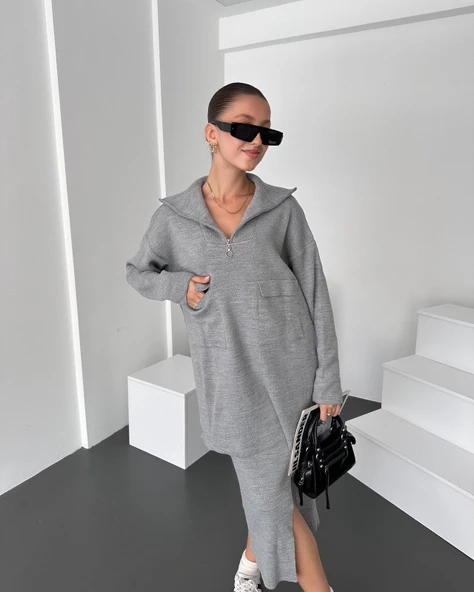 Önü Fermuarlı Kazak Ve Yırtmaç Detaylı Etek Alt Üst Triko Takım - 2