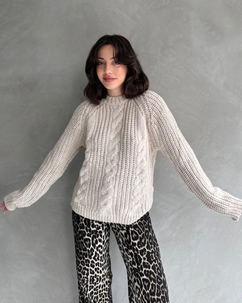 Bisiklet Yaka Örgü Desenli Triko Kazak - 3