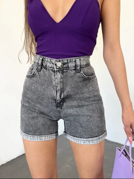Duble Paça Yıkamalı Denim Şort