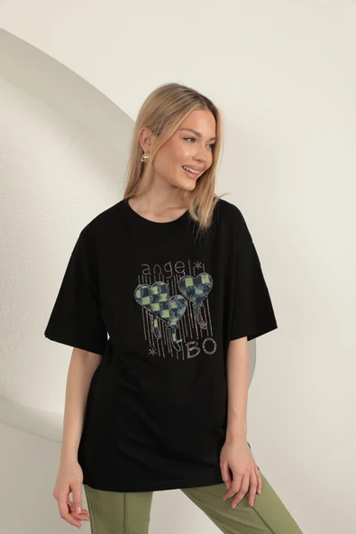 Süprem Kumaş Taş Baskılı  Kadın Tişört-Siyah - 2