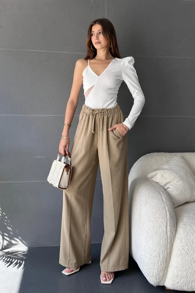 Tek Omuz Tül Detaylı Crep Bluz - 5