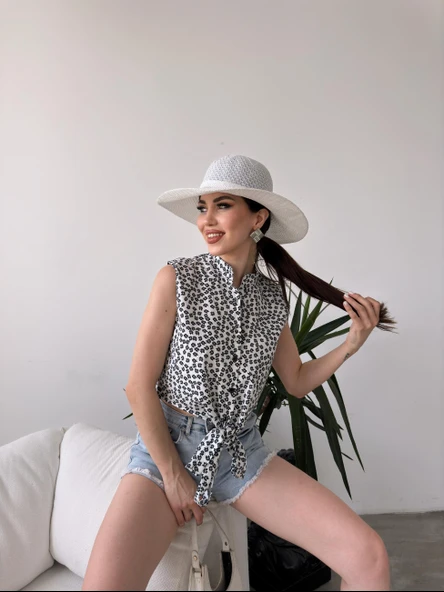 Çiçek Desenli Bağlama Detaylı Crop Gömlek Bluz - 5