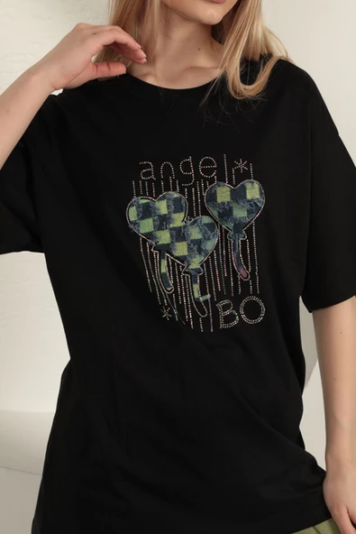 Süprem Kumaş Taş Baskılı  Kadın Tişört-Siyah - 3