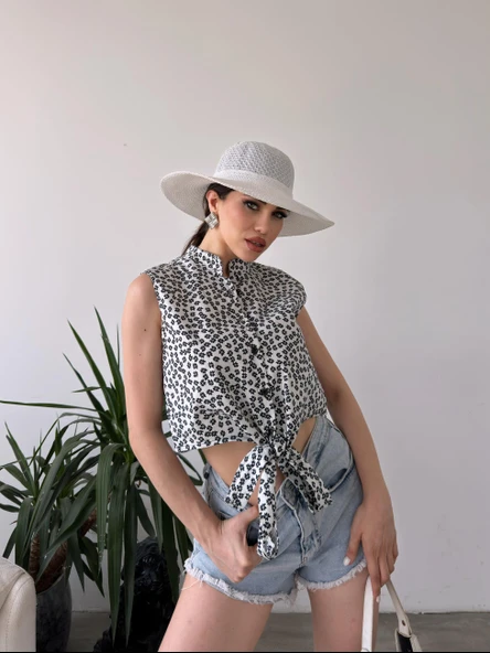 Çiçek Desenli Bağlama Detaylı Crop Gömlek Bluz - 3