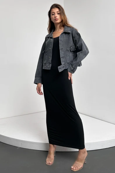 Çift Cep Beli Düğme Detaylı Denim Ceket - 3