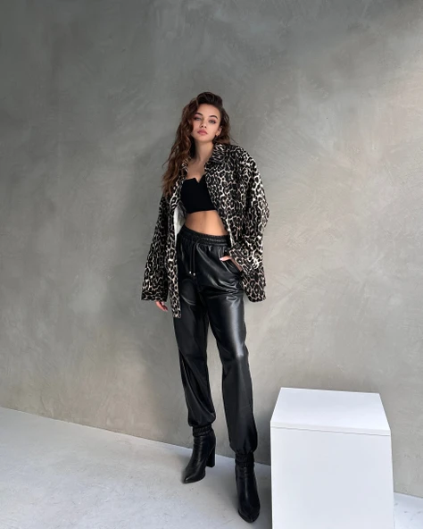 Leopar Desen Çift Cep Oversize Denim Gömlek Ceket - 4