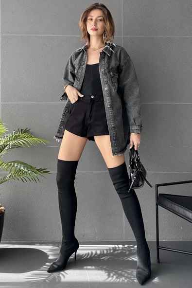 Çift Cepli Yırtık Detaylı Oversize Gömlek Ceket