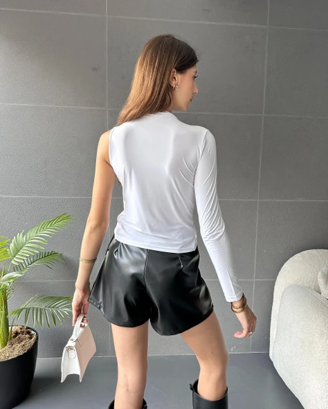 Tek Omuz Drape Detaylı Bluz - 5