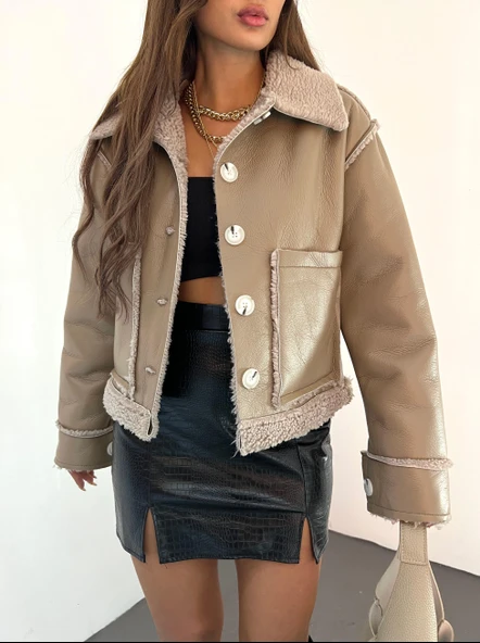 Çift Cepli Kürk Detaylı Suni Deri Ceket - 4