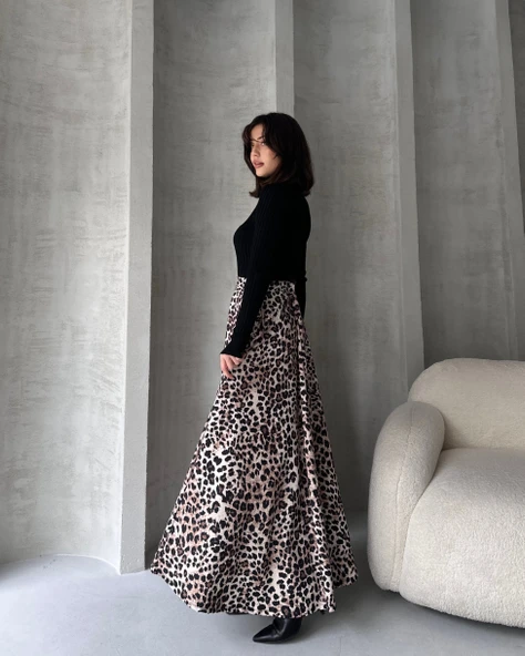 Yüksek Bel Leopar Desenli Çan Etek - 4