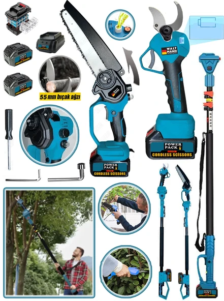Waltmann Germany W-900 Teleskopik + 55 MM Dijital Budama Makası + Otomatik Yağ Pompalı Zincirli Testere 2 Akülü
