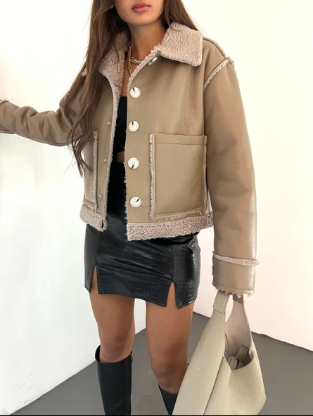 Çift Cepli Kürk Detaylı Suni Deri Ceket - 3