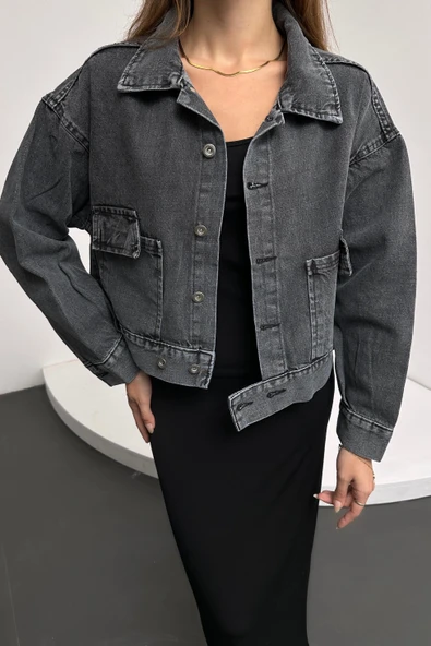 Çift Cep Beli Düğme Detaylı Denim Ceket - 2