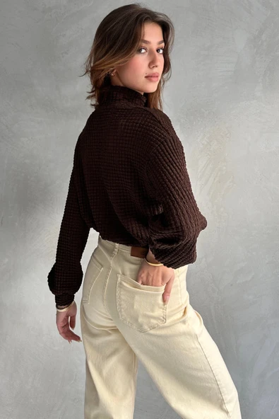 Balıkçı Yaka Dokulu Crop Bluz - 5
