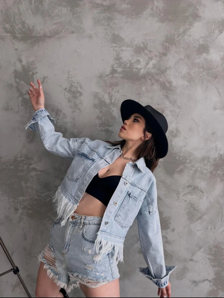 Saçak Detaylı Denim Ceket - 3