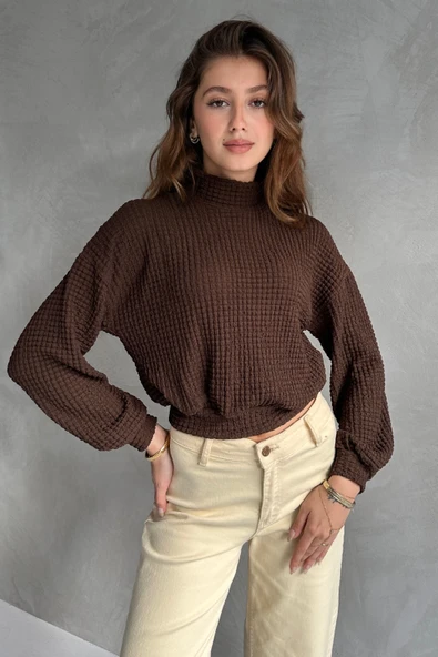 Balıkçı Yaka Dokulu Crop Bluz - 1