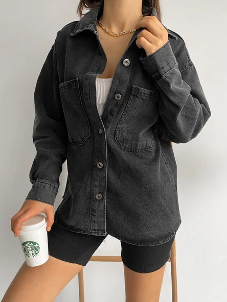 Çift Cepli Oversize Denim Gömlek Ceket - 5