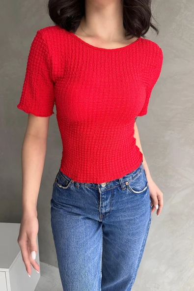 Sırt Dekolteli Basic Gofre Bluz - 3