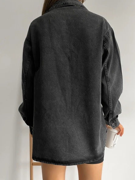 Çift Cepli Oversize Denim Gömlek Ceket - 4