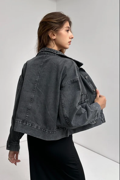 Çift Cep Beli Düğme Detaylı Denim Ceket - 5