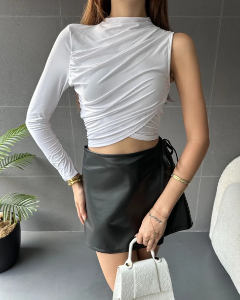 Tek Omuz Drape Detaylı Bluz - 2