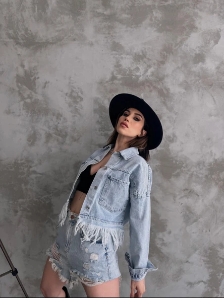 Saçak Detaylı Denim Ceket - 5