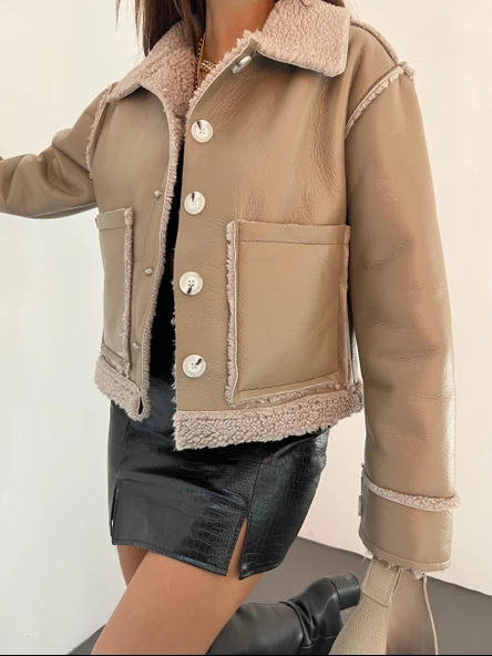 Çift Cepli Kürk Detaylı Suni Deri Ceket - 2