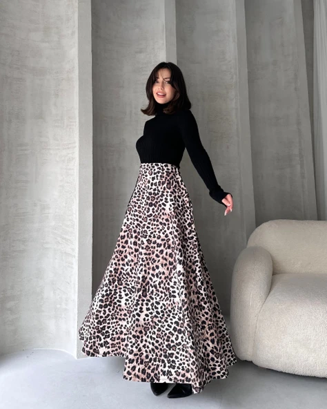 Yüksek Bel Leopar Desenli Çan Etek - 3