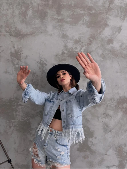 Saçak Detaylı Denim Ceket - 4