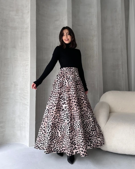 Yüksek Bel Leopar Desenli Çan Etek - 2