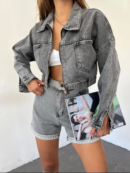 Fermuarlı Çift Cepli Denim Ceket - 2