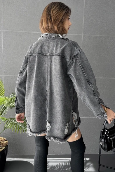 Çift Cepli Yırtık Detaylı Oversize Gömlek Ceket - 2