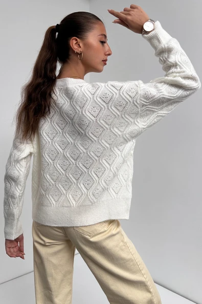 Bisiklet Yaka Desenli Dokulu Triko Kazak - 5