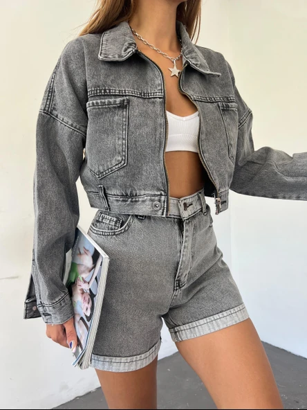 Fermuarlı Çift Cepli Denim Ceket - 5