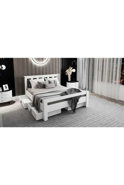 Ninnimo Arya Çift Kişilik 160x200 Yatak Uyumlu Mdf Beyaz Çekmeceli Karyola Maçy-1 - 2
