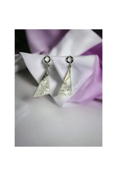 Yeliz Koç Bijuteri Gümüş Renkli Sedef Taşlı Yaprak Küpe - Resim 2