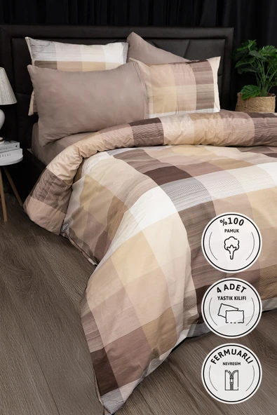 Nevora Premium %100 Pamuk Çift Kişilik Nevresim Takımı - Kahve