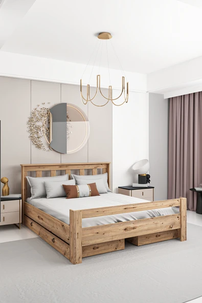 Ninnimo Arya Çift Kişilik 160x200 Yatak Uyumlu Ceviz Çekmeceli Karyola