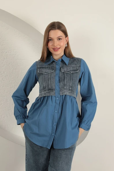 Poplin Kumaş Kot Garnili İndigo Kadın Gömlek