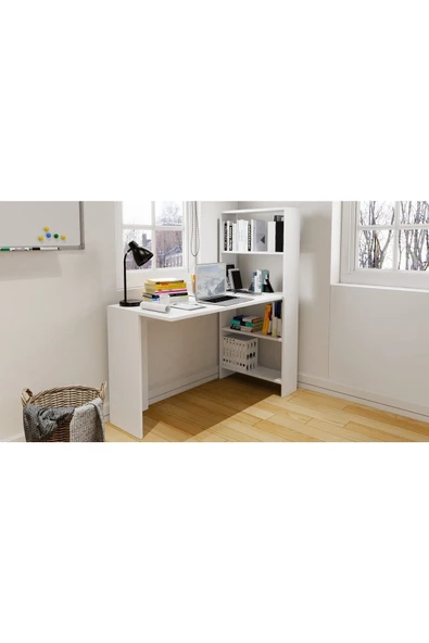 Ninnimo Kitaplıklı Çalışma Masası Beyaz Mdf