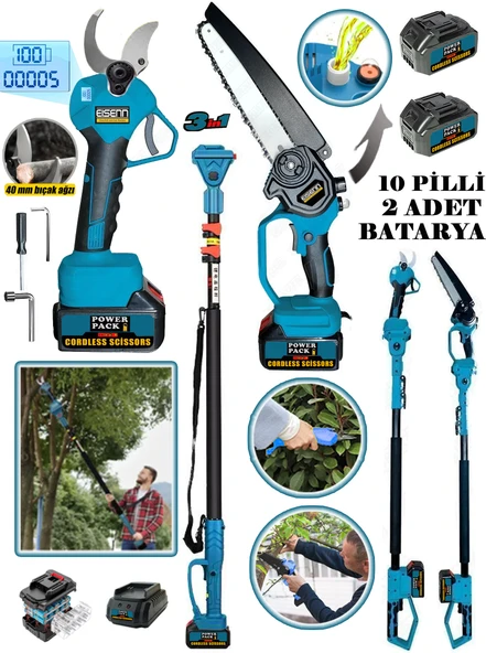 Eisenn Germany 3.2 Mt Teleskopik 40 MM Dijital Budama Makası +Otomatik Yağ Pompalı Zincirli Testere 2 Akülü